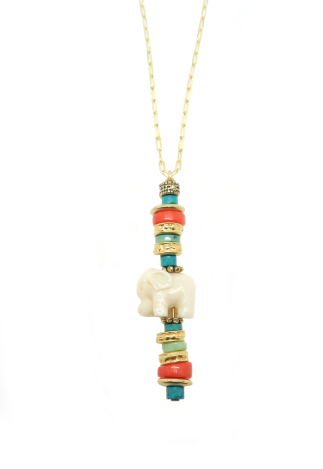 Collier totem Yna Elephant Corail bambou orange et chrysoprase
