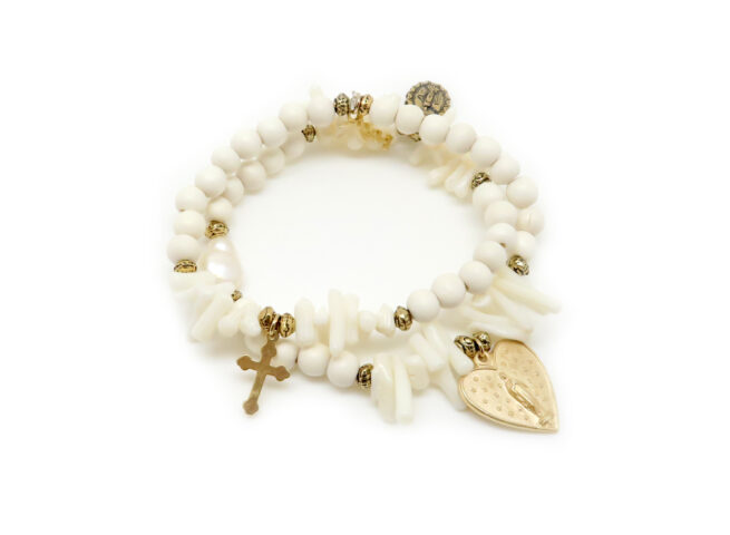 Bracelet élastique corail bambou blanc et bois blanc Maddalena