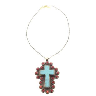 Sautoir / Ras de cou Tanya croix corail et turquoise