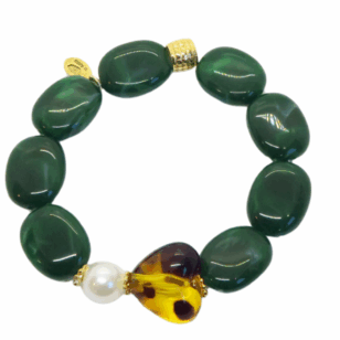 Bracelet Gabrielle perles vert bouteille et cœur léopard