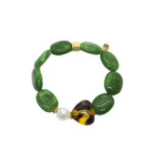 Bracelet Gabrielle perles vert olive et cœur léopard