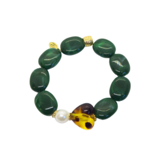 Bracelet Gabrielle perles vert bouteille et cœur léopard