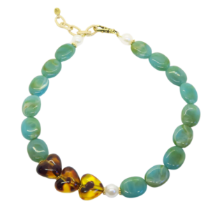 Ras de cou Gabrielle perles amazonite et cœurs léopard