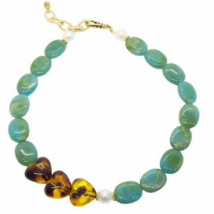 Ras de cou Gabrielle perles amazonite et cœurs léopard