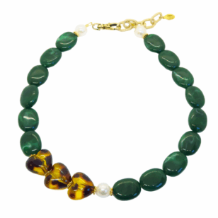 Ras de cou Gabrielle perles vert bouteille et cœurs léopard