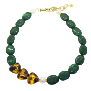 Ras de cou Gabrielle perles vert bouteille et cœurs léopard