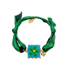 Bracelet Candy Bar avec perle fleur en verre vert et bleu