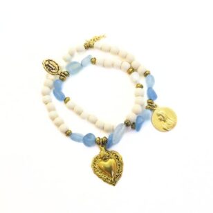 Bracelet élastique en aigue marine et bois blanc Maddalena