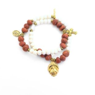 Bracelet élastique en pierre de lune marron et bois blanc Maddalena