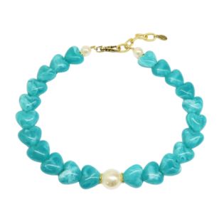 Ras de cou Gabrielle cœurs turquoise et perles blanches