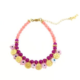 Bracelet ou chaine de cheville perles Ibiza agate fuchsia et corail